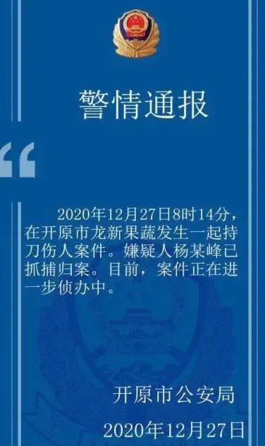 辽宁开原持刀伤人案:7死7伤 嫌疑男子已被抓获
