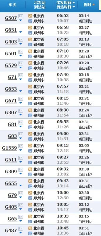 北京到郑州动车时间