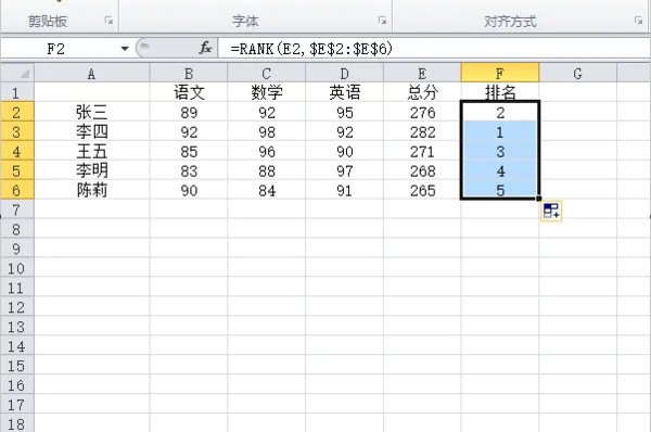 excel 成绩表怎么排名