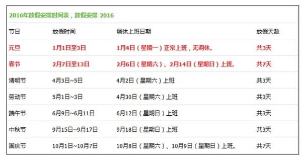 2019年法定节假日放假安排时间表完整版